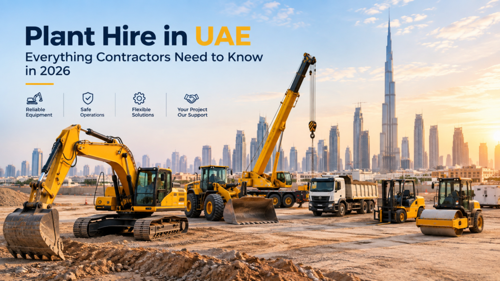Plant hire in UAE with heavy construction equipment at a Dubai construction site